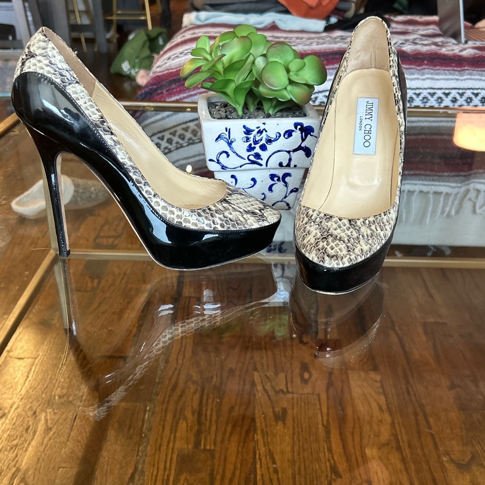 Jimmy Choo Black and Snake Print Heels
